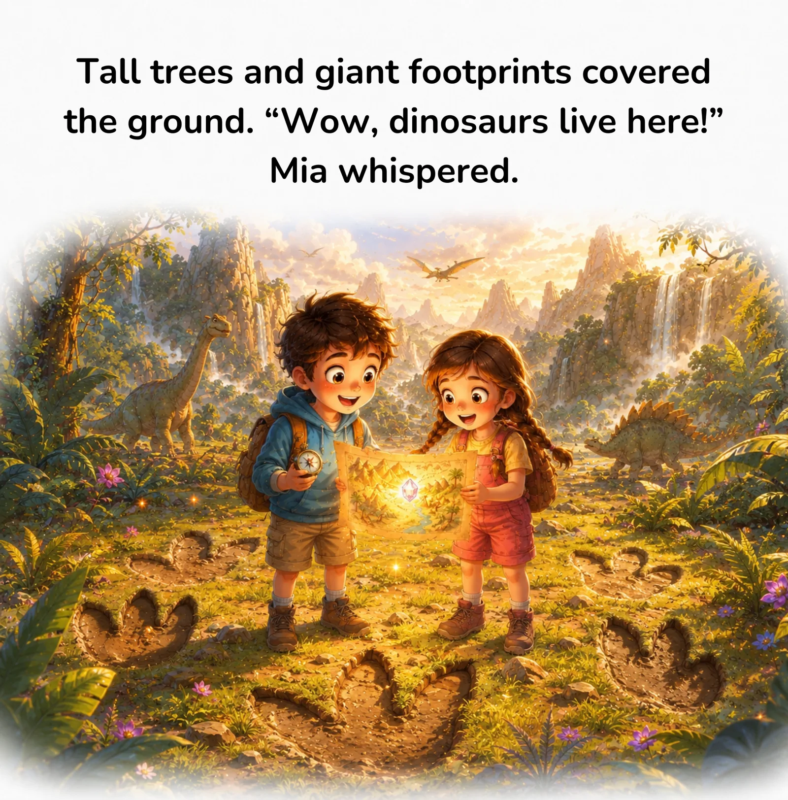 Max und Mia mit leuchtender Karte in Dinosaurier-Landschaft mit Fußabdrücken