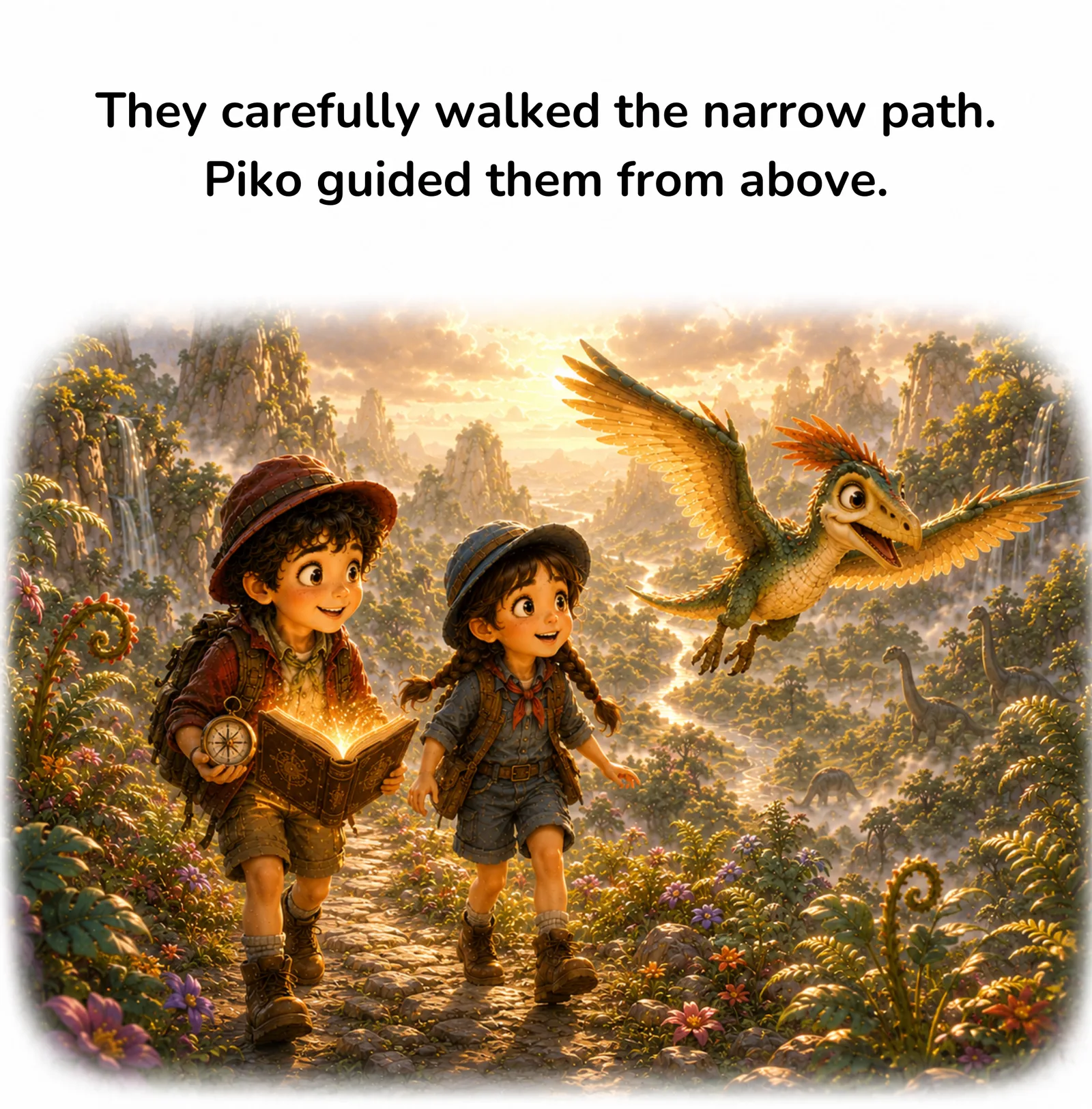 Max und Mia folgen fliegendem Dinosaurier Piko auf glühender Pfad durch Wald