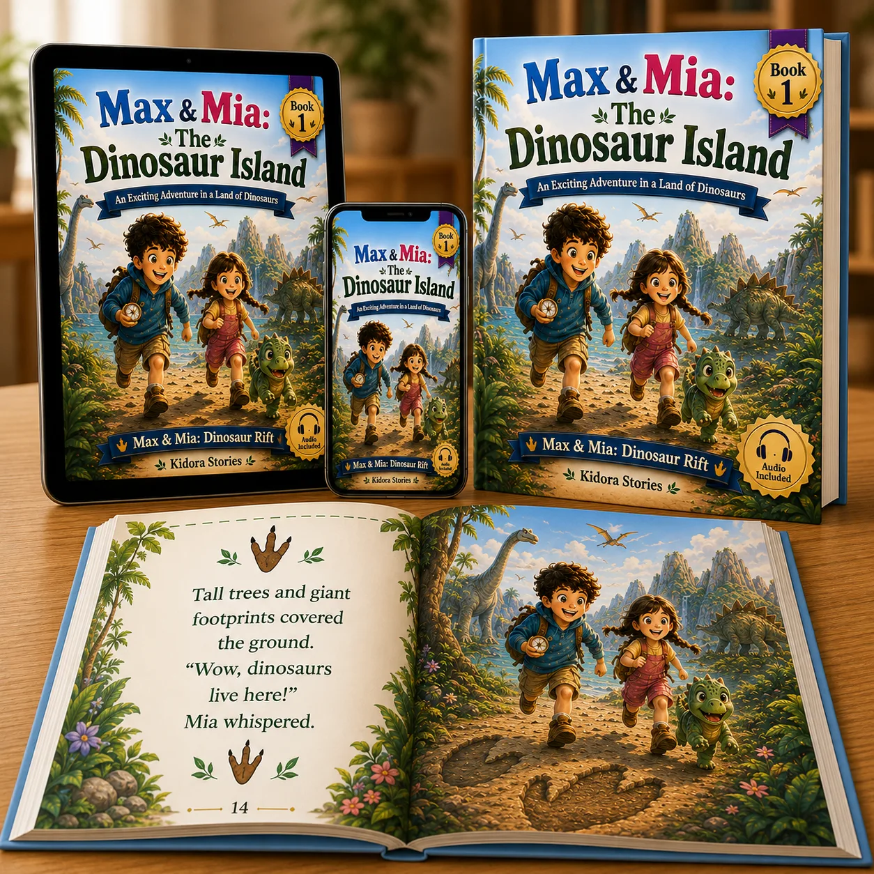 Max & Mia: The Dinosaur Island Buchcover und Mockup auf Tablet, Smartphone und als gedrucktes Buch