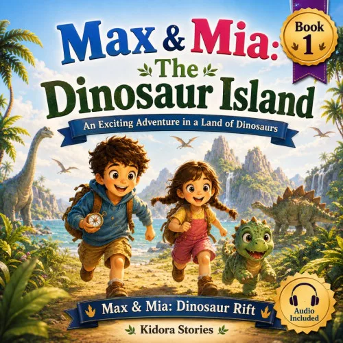 Max & Mia: The Dinosaur Island Buch 1 Cover mit zwei Kindern und Dinosaurier im tropischen Dschungel, Gold-Siegel für Book 1