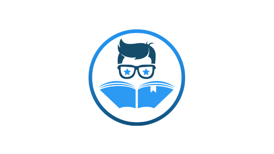 Erfolgsleser Logo mit stilisiertem Mann, Brille und aufgeschlagenem Buch