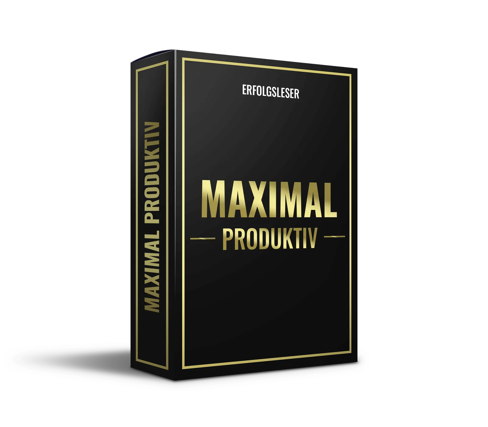 Maximal Produktiv Produktbox mit schwarzem Design und goldenem Rahmen
