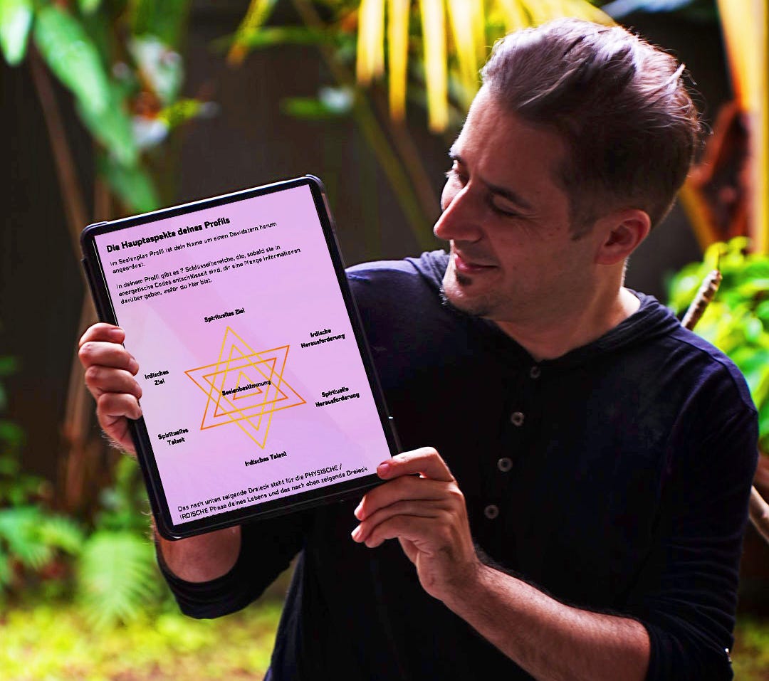 Georg Martinka hält Tablet mit Soul Plan Diagramm und rosa Hintergrund mit Natur