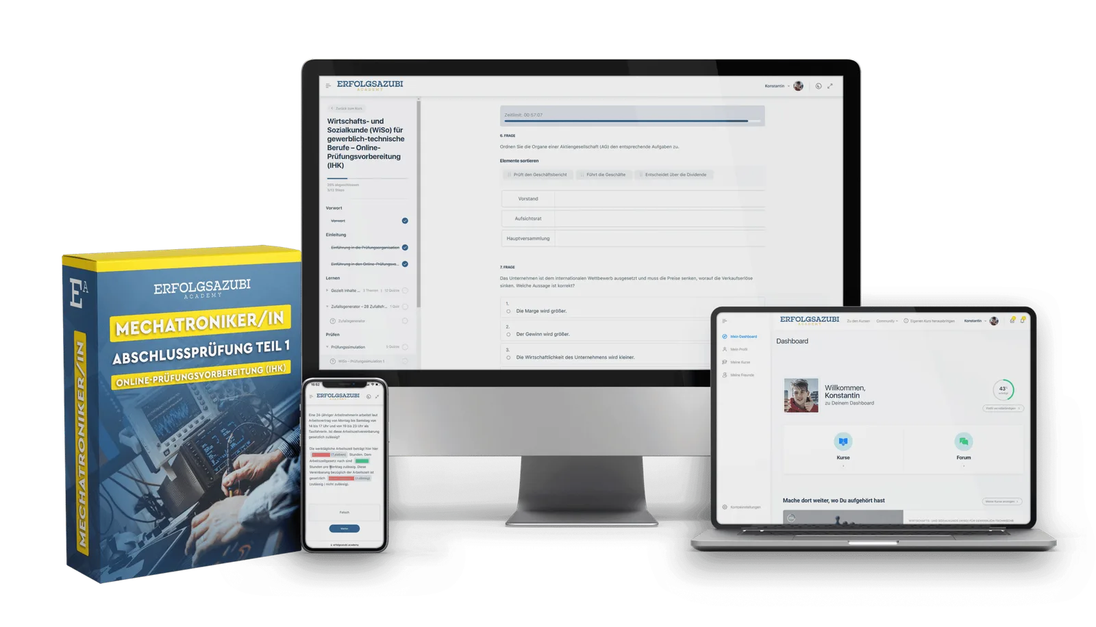 Mechatroniker AP1 Kurs-Übersicht auf Desktop, Tablet und Smartphone mit Lernplattform-Interface