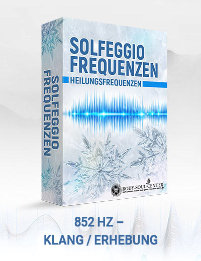 Produktbox Solfeggio Frequenzen 852 Hz Erhebung mit Schneekristallen und Schallwelle