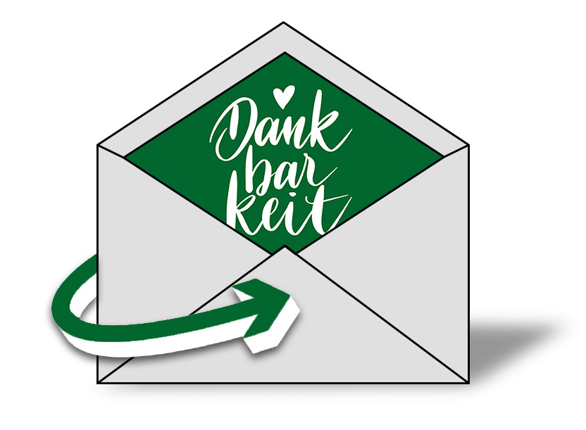 Illustration eines offenen Umschlags mit grünem Karteninhalt, Text 'Dank bar keit' in weißer Schrift