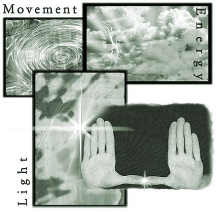 Collage mit Grafiken zu LaHoChi-Energie-Healing: Spirale, Wolkenlandschaft, Hände mit Lichtstrahl