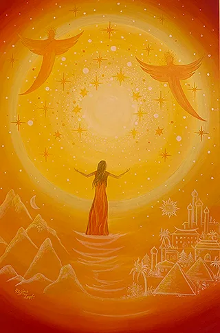 Reiki Artwork: Frau in orangenem Gewand vor großem Mond, goldenes Licht, spirituelle Symbolik