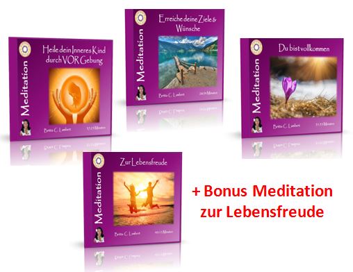 Vier Meditation-Cover der Bonus-Meditationen: Kind durch VOR-Geislung, Zauber des Zirkels, Lebensfreude und Bestvolkommen