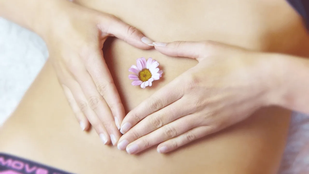Hände halten kleine rosa-weiße Blüte, Gesundheit und Meditation