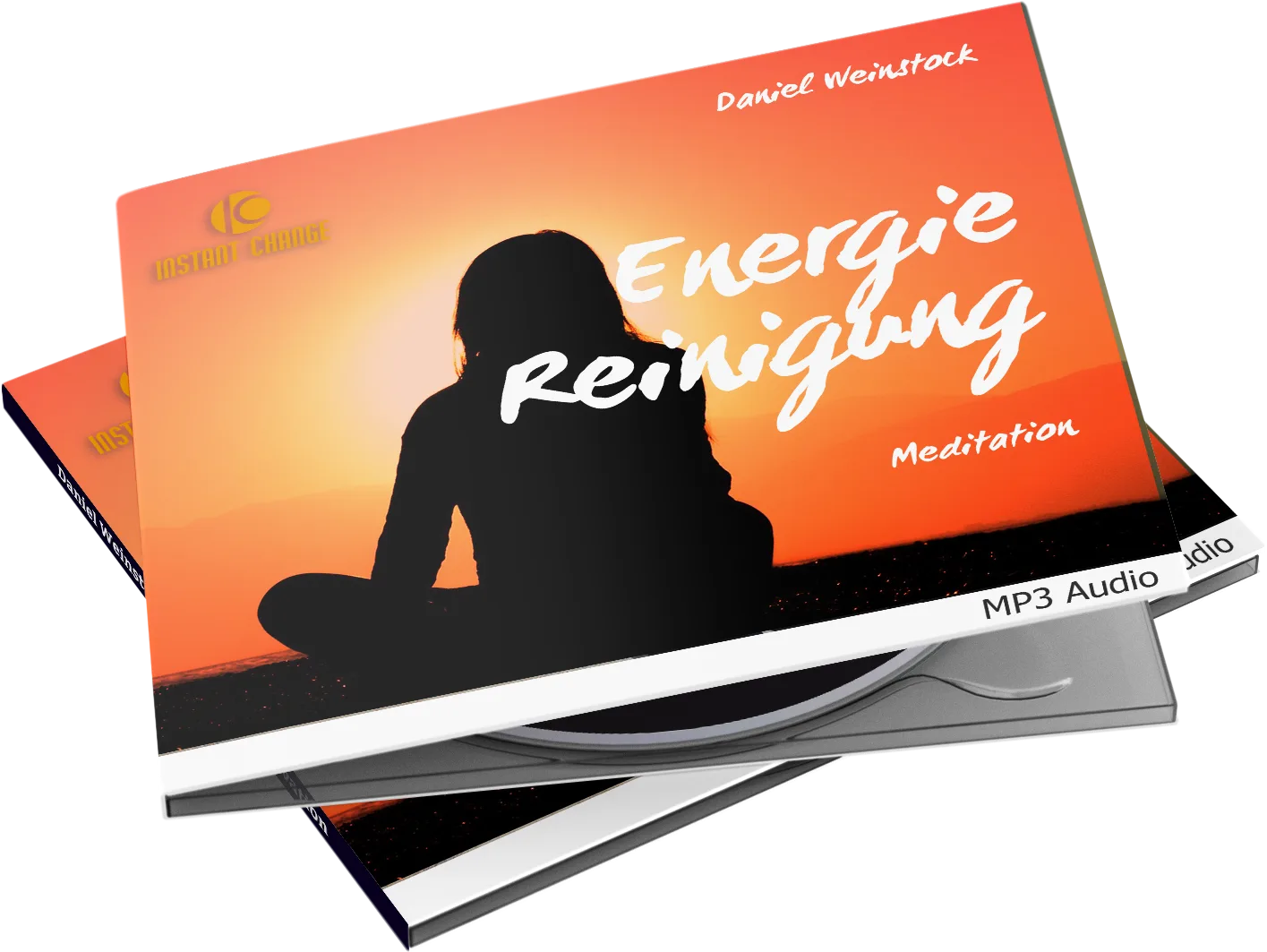 Hörbuch-Cover Energiereinigung Meditation von Daniel Weinstock, orange-rote Farbverlauf mit Frauensilhouette