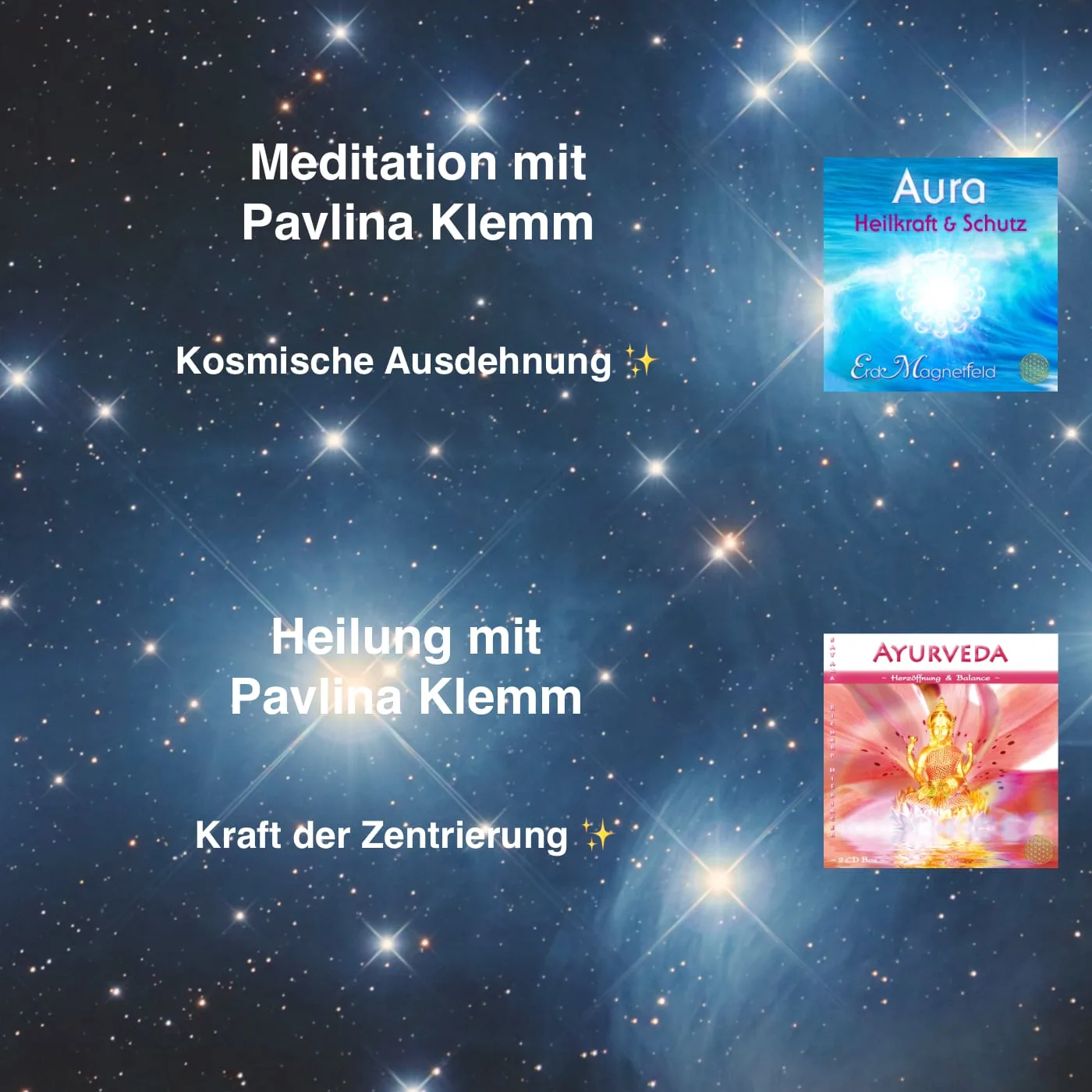 Meditationsabend + Webinar Weibliche & Männliche Kraft 1 Sternenhimmel-Hintergrund mit Meditation und Heilungs-Angeboten, Produktcover für Aura und Ayurveda