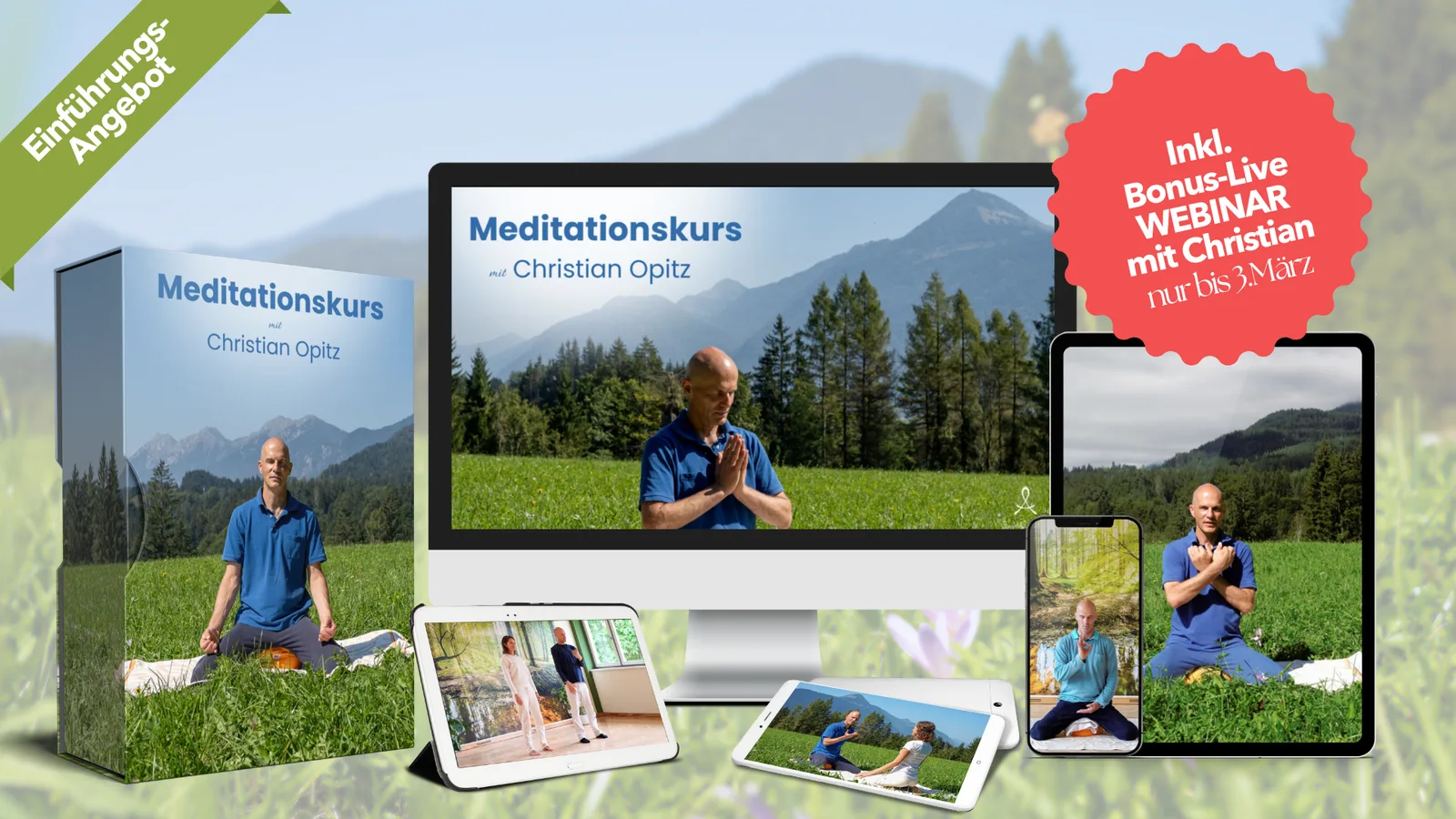 Meditationskurs Mockup Christian Opitz auf mehreren Geräten mit Bonus-Angebot