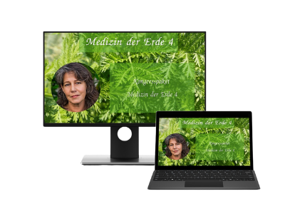 Hero-Banner Medizin der Erde 4 Online-Kongress mit weiblichem Portrait auf grünem Blätterhintergrund, angezeigt auf Desktop-