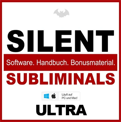 Silent Subliminals Ultra Produktbox mit rotem Rahmen, Fledermaus-Logo und System-Kompatibilität