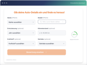 Ankava Autoankauf-Widget mit Formularfeldern für Marke, Modell, Erstzulassung, Kilometerstand, Kraftstoff und Getriebe