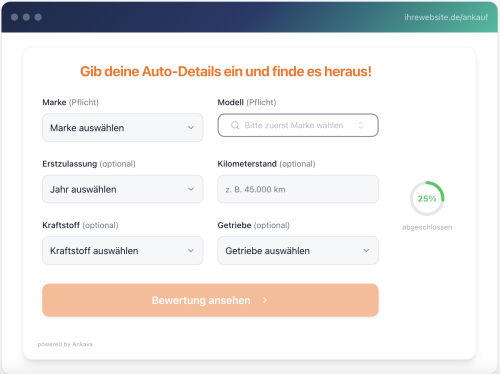 Ankava Autoankauf-Widget mit Formularfeldern für Marke, Modell, Erstzulassung, Kilometerstand, Kraftstoff und Getriebe