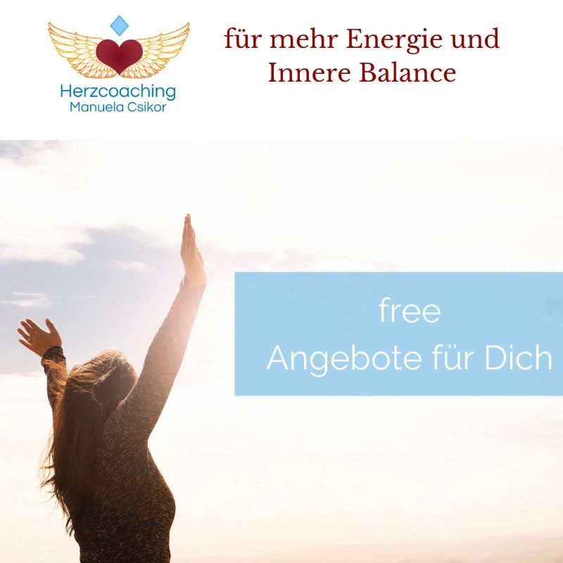 Grafik mit fliegender Frau und Herzcoaching Logo, Text für mehr Energie und innere Balance