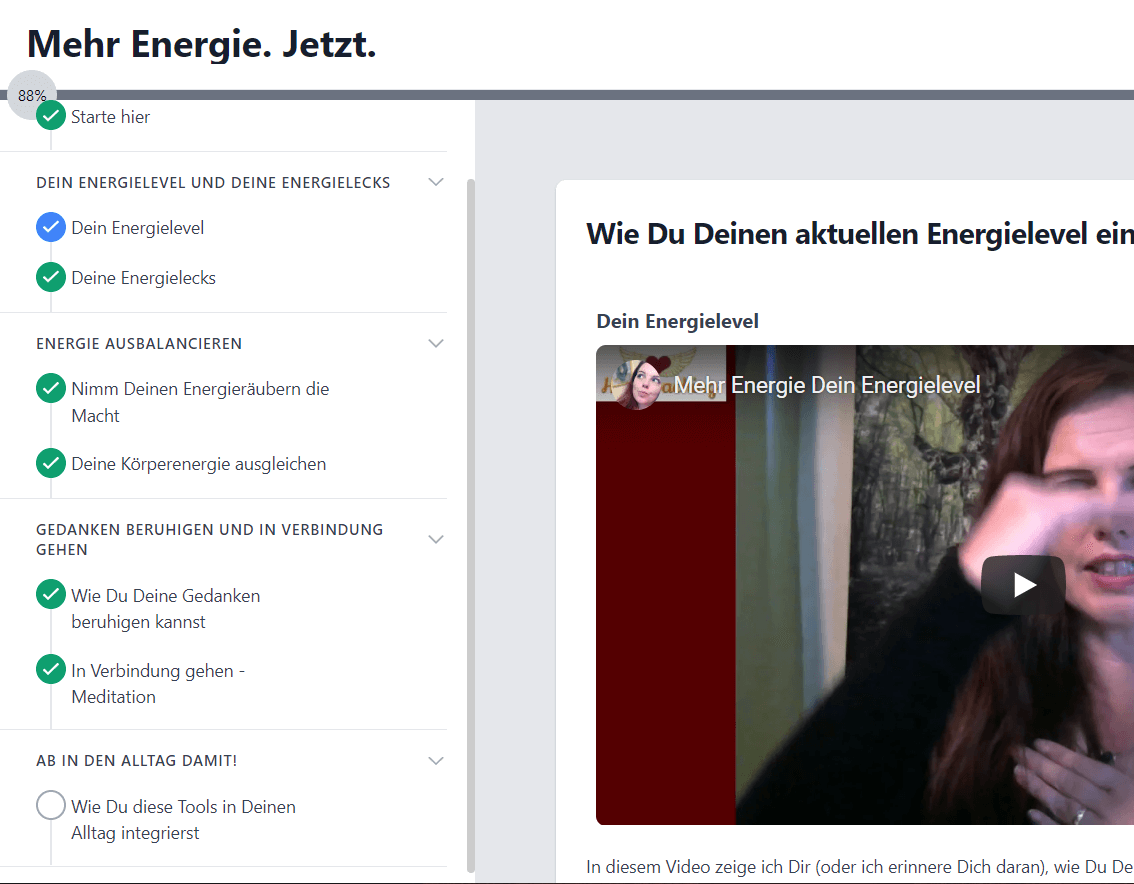 Screenshot Onlinekurs Mehr Energie. Jetzt. mit Modulübersicht und Video