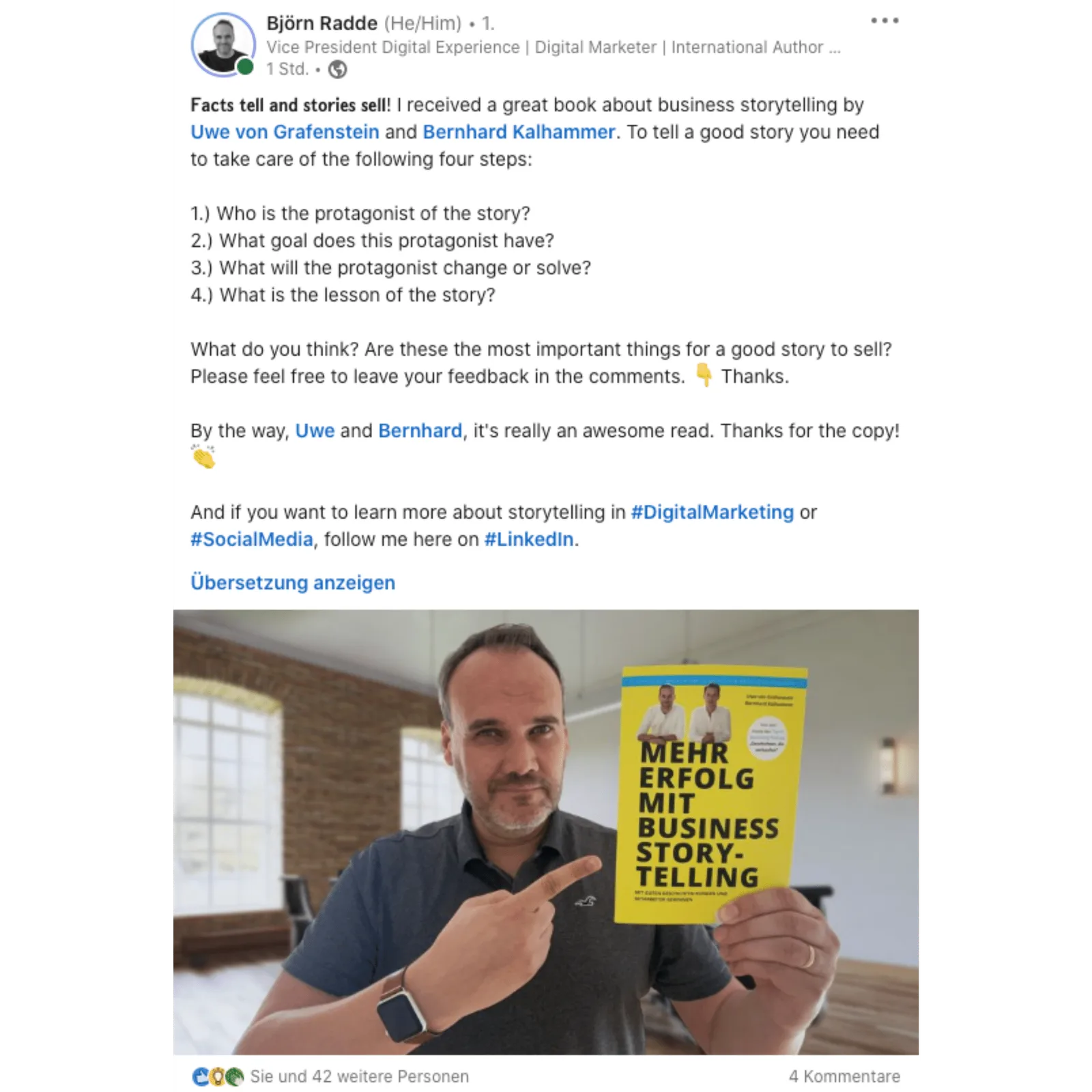 Mehr Erfolg mit Business Storytelling von Bernhard Kalhammer 15 LinkedIn-Post von Björn Radde über Business Storytelling mit Buchempfehlung