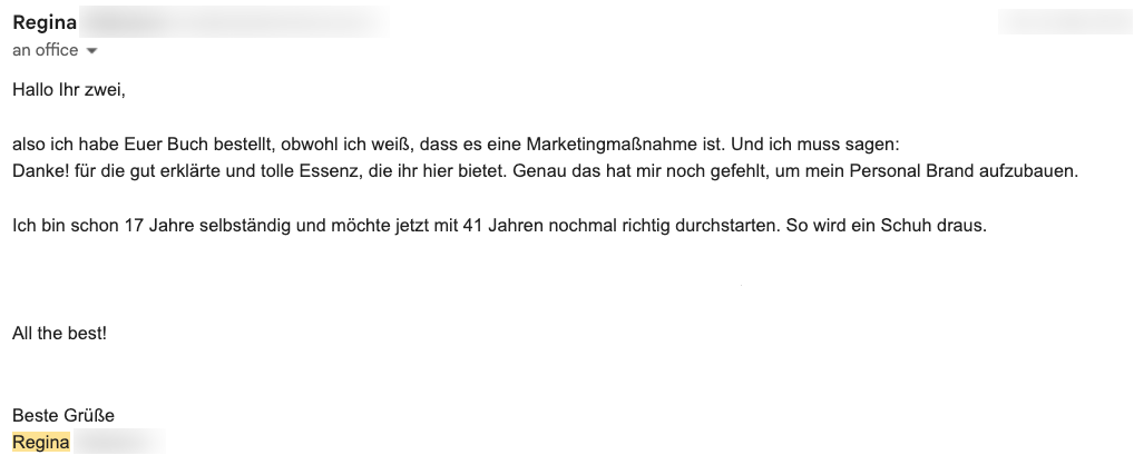 Mehr Erfolg mit Business Storytelling von Bernhard Kalhammer 18 Email-Testimonial von Regina an office mit Buchbewertung