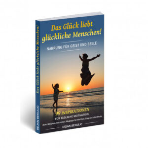 3D-Mockup des Buches Das Glück liebt glückliche Menschen mit Schatten, Cover mit Sonnenuntergang
