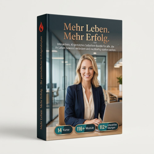 Produktbox Mehr Leben. Mehr Erfolg. mit Frau im Business-Outfit, 14 Kurse, 116+ Module, 112+ Lernmaterialien