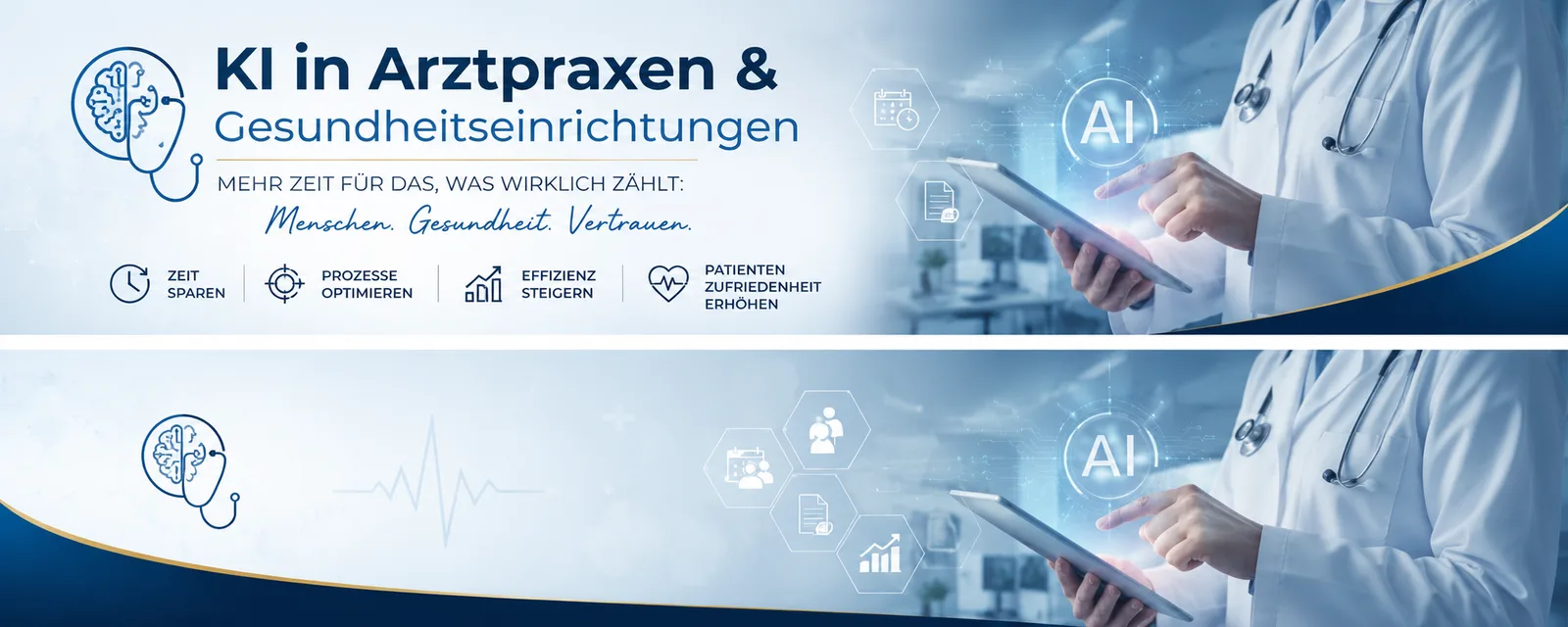 KI in Arztpraxen und Gesundheitseinrichtungen – Mehr Zeit für Menschen, Gesundheit, Vertrauen mit Icons für Zeitersparnis, Pr
