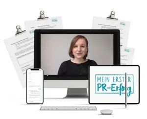 Mockup des Kurses auf Desktop, Tablet und Smartphone mit Logo Mein erster PR-Erfolg