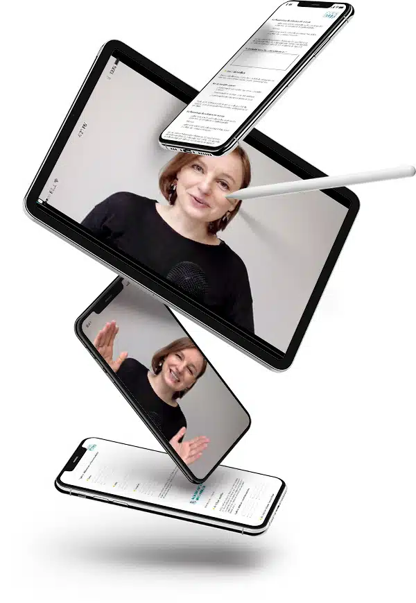 Mockup mit Frau auf Tablet und Smartphone, Kursinhalte auf verschiedenen Geräten