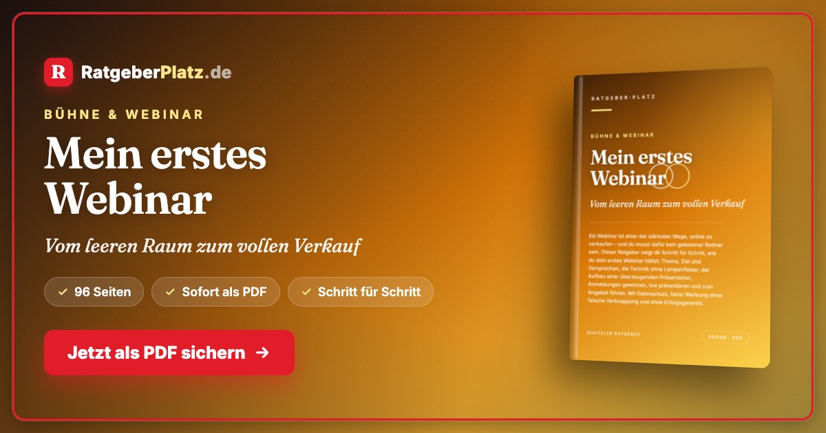 Hero-Banner für Ratgeberplatz mit Buchcover und Angebot zum PDF-Download des Webinar-Ratgebers