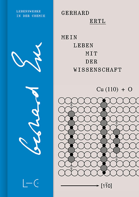 Buchcover Gerhard Ertl: Mein Leben mit der Wissenschaft mit blauem Rücken, Autorensignatur und Cu(110)+O Kristallstruktur-Vis