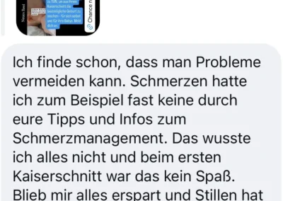 Testimonial einer Kursteilnehmerin über verbesserte Schmerzmanagement und Entspannung beim zweiten Kaiserschnitt