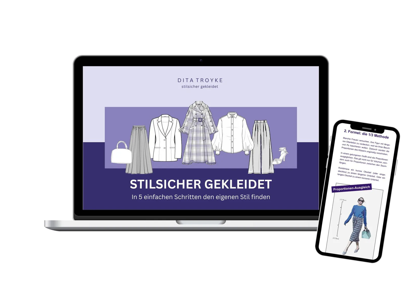 Laptop und Smartphone zeigen eine Präsentation über Mode, überschrieben mit "STILSICHER GEKLEIDET".