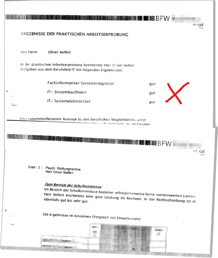 Bewertungszertifikat praktische Arbeitserprobung mit Testergebnissen für Fachinformatiker – Systemintegration und IT-Systemka