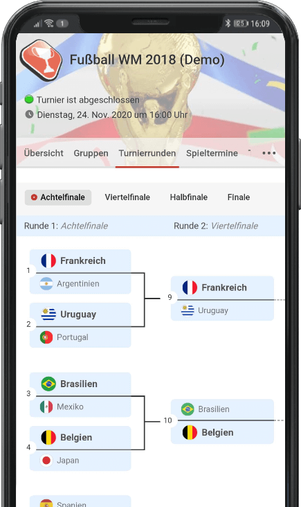 meinSpielplan.de Turnierrunden Ansicht mit Halbfinale und Viertelfinale Bracket