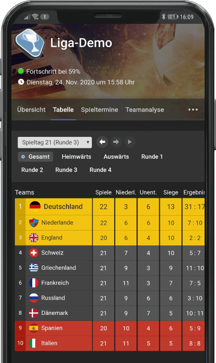 meinSpielplan.de Liga-Demo Tabelle mit farblich gekennzeichneten Teams und Spielstand