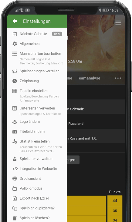 meinSpielplan.de Einstellungen Menü mit verschiedenen Konfigurationsoptionen