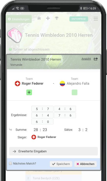 meinSpielplan.de Matchbearbeitung Tennis Wimbledon 2010 mit Ergebniseingabe