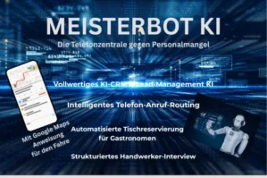 Meisterbot KI-Telefonzentrale Startbildschirm mit Funktionsübersicht und blauem technologischem Hintergrund
