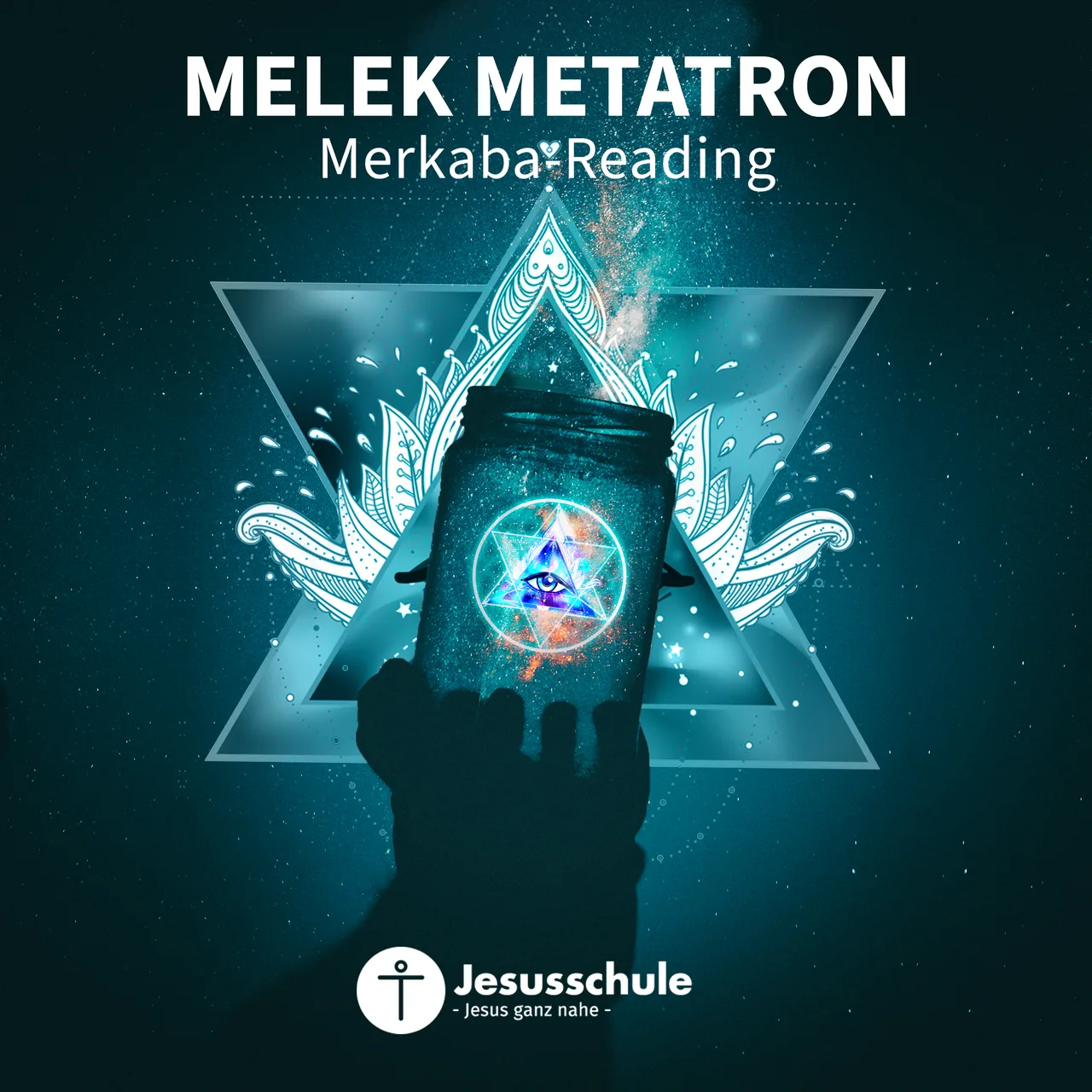 Melek Metatron Merkaba Reading Audio-Cover mit spirituellen Symbolen und Jesusschule Logo