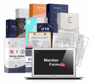Member Formula Kickstart Bundle mit Kursen, Büchern und Laptop-Mockup auf Bildschirm