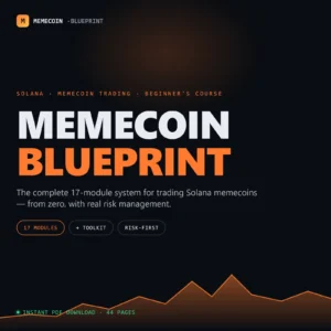 Hero-Banner für Memecoin Blueprint Kurs mit orangefarbenem Branding und Bergmotiv