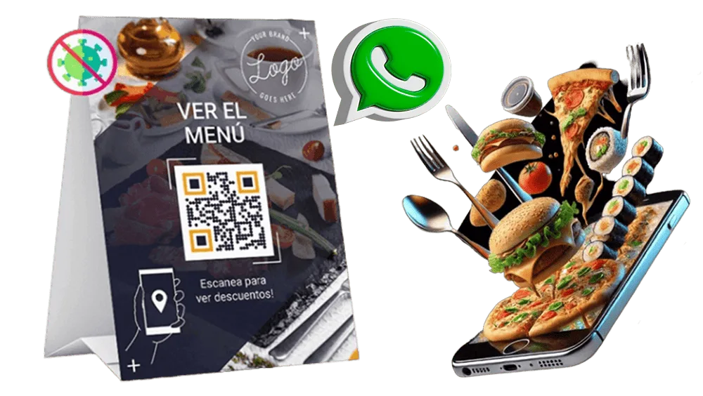 Grafik zeigt QR-Code-Menü-Paket mit Tischaufsteller, Virus-Schutz-Symbol, WhatsApp-Icon und Food-3D-Grafik