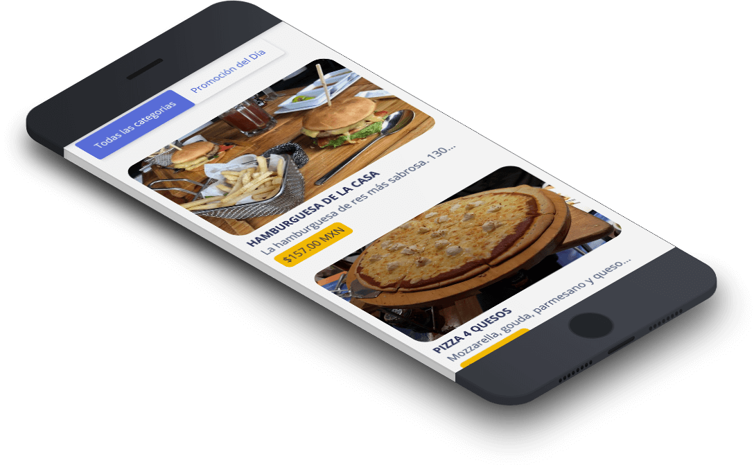 3D-Smartphone-Mockup zeigt Menü-App mit Hamburger 'De la Casa', Pizza und Kategorien-Navigation