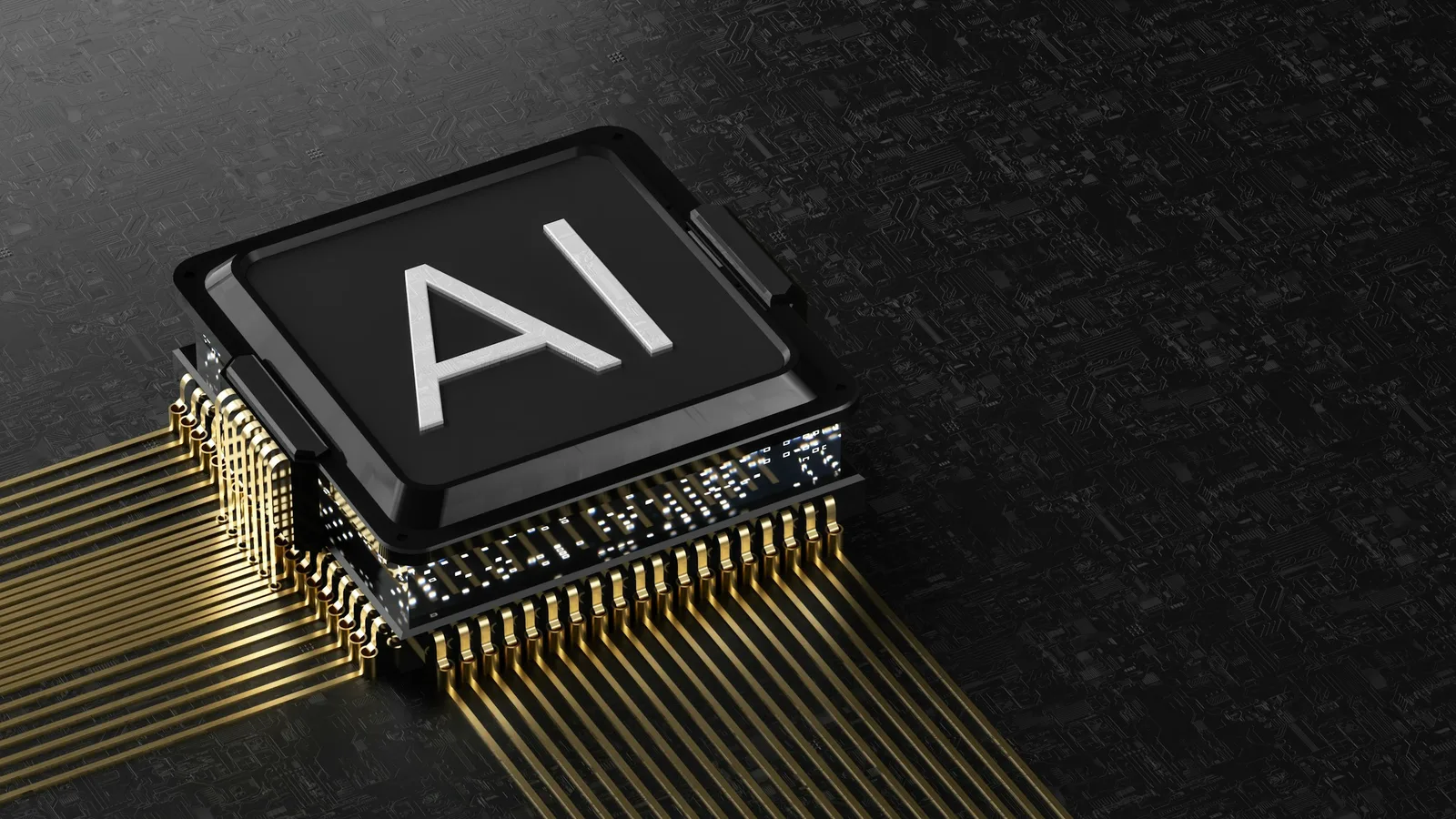 AI-Chip mit goldenen Kontakten auf schwarzem Leiterplattenhintergrund, Symbol für Künstliche Intelligenz