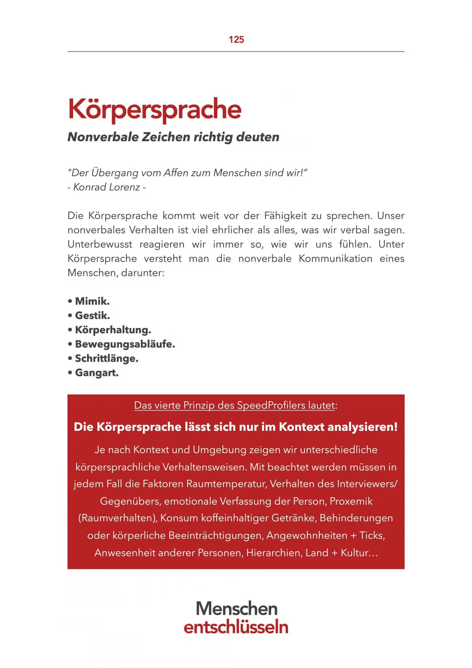 Buchseite 125 Kapitel Körpersprache nonverbale Zeichen richtig deuten mit Kontext-Hinweis