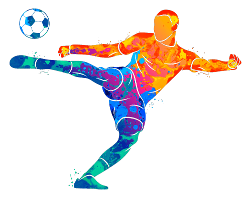 Fußballspieler in Flugposition mit buntem Aquarell-Stil neben schwebendem Ball