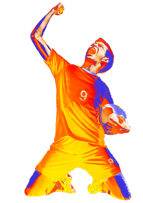 Jubelnder Fußballspieler Nummer 9 in Erfolgspose mit buntem Aquarell-Stil