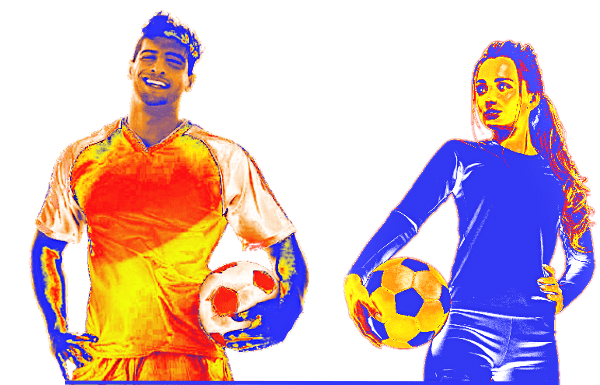 Zwei Fußballer mit Ball in buntem Aquarell-Pop-Art-Stil, männlich und weiblich